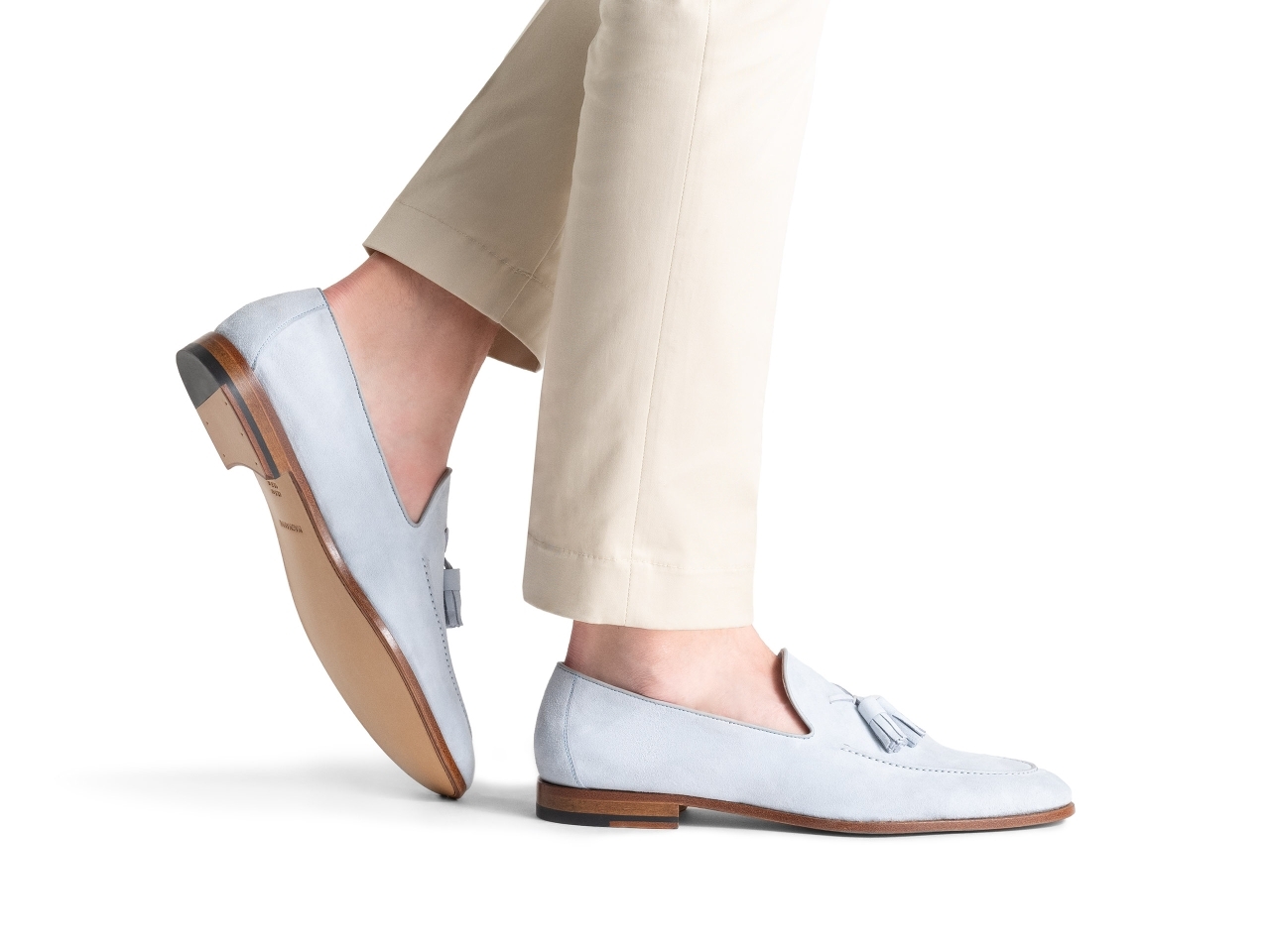 The Simmon Sky Blue Suede pairs well with light khaki pants