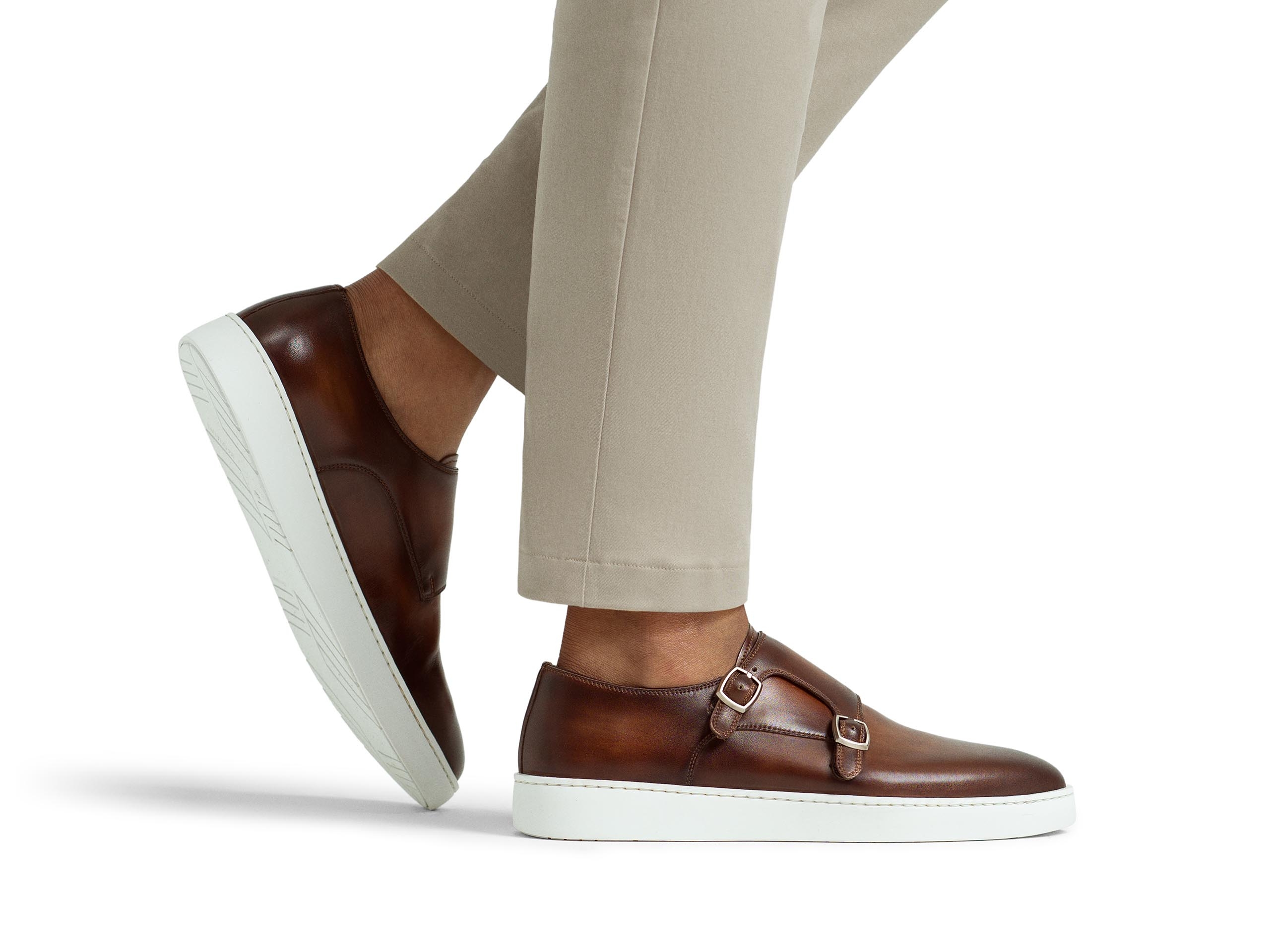 The Latham Midbrown pairs well with light grey dress pants