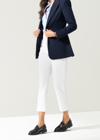 The Oaklynn Black loafer provided bold contrast against white capris and a dark navy blazer.